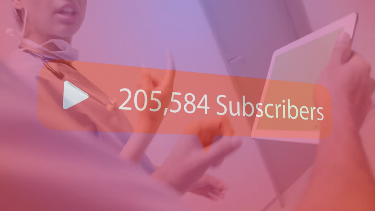 Medical professional using tablet with 143,073 Subscribers animation over image