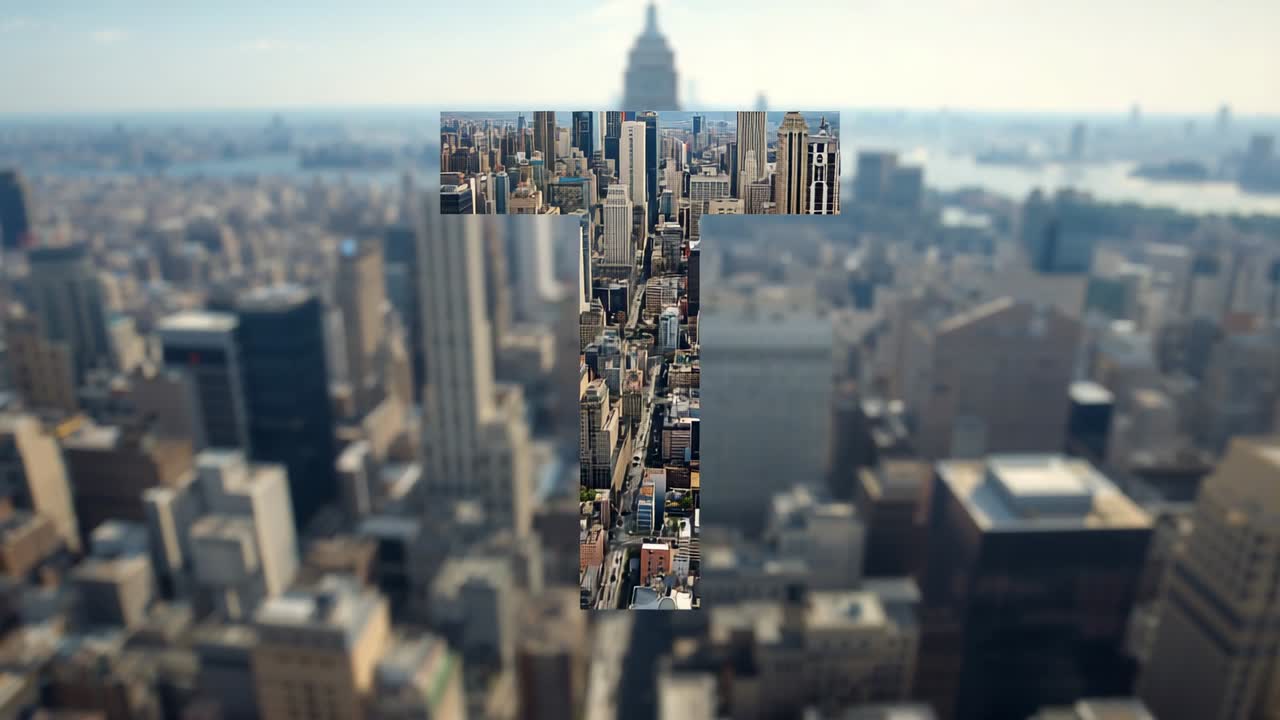 Starting aerial shot showing letter T shape combining city blocks over blurred skyline, copy space
