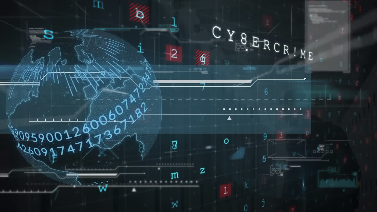 Animation of data processing and globe on black background