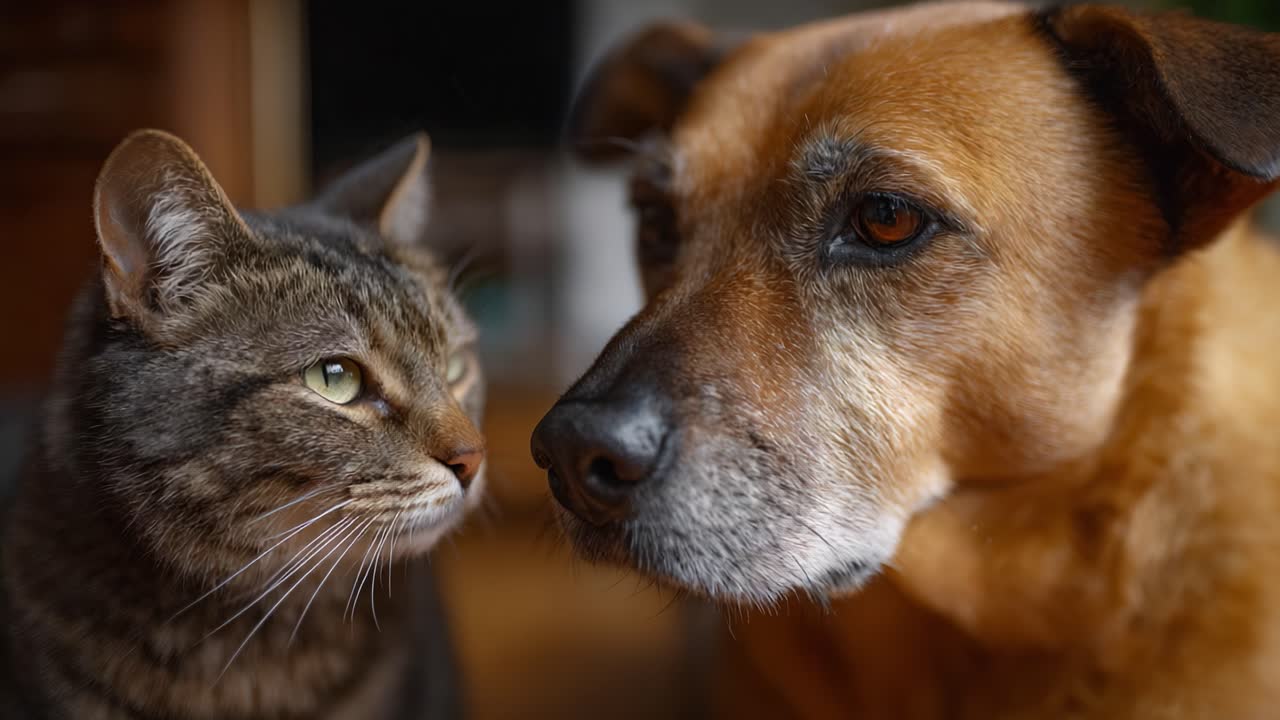 Un momento toccante: un gatto e un cane si guardano con affetto e curiosità, sottolineando il loro legame e la loro amicizia unici in un ambiente accogliente