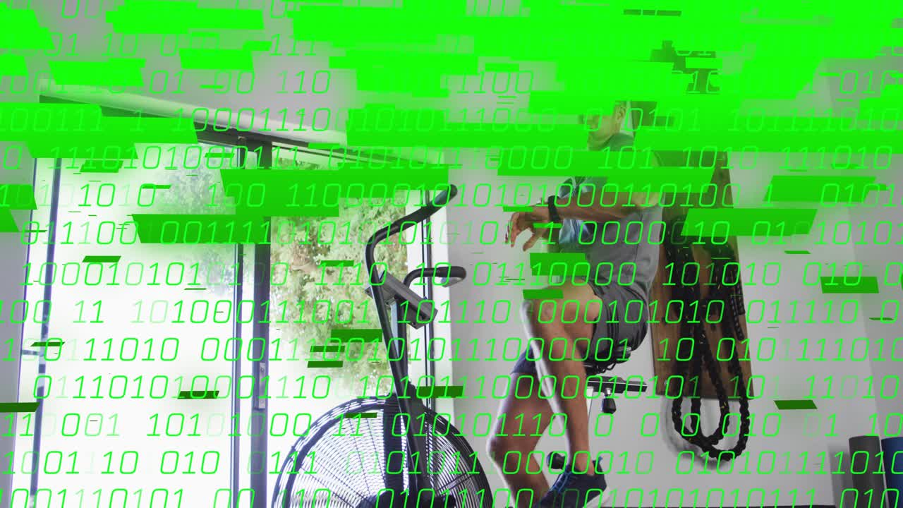 Fitness man pedaling fan bike by glass door, increasing intensity and initiating green overlay