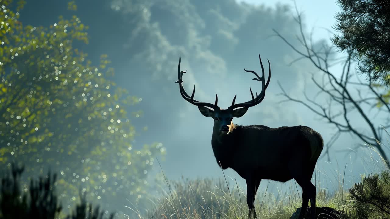 Large male red deer with huge antlers standing in a clearing in a misty forest at dawn, backlit by the rising sun creating a magical atmosphere