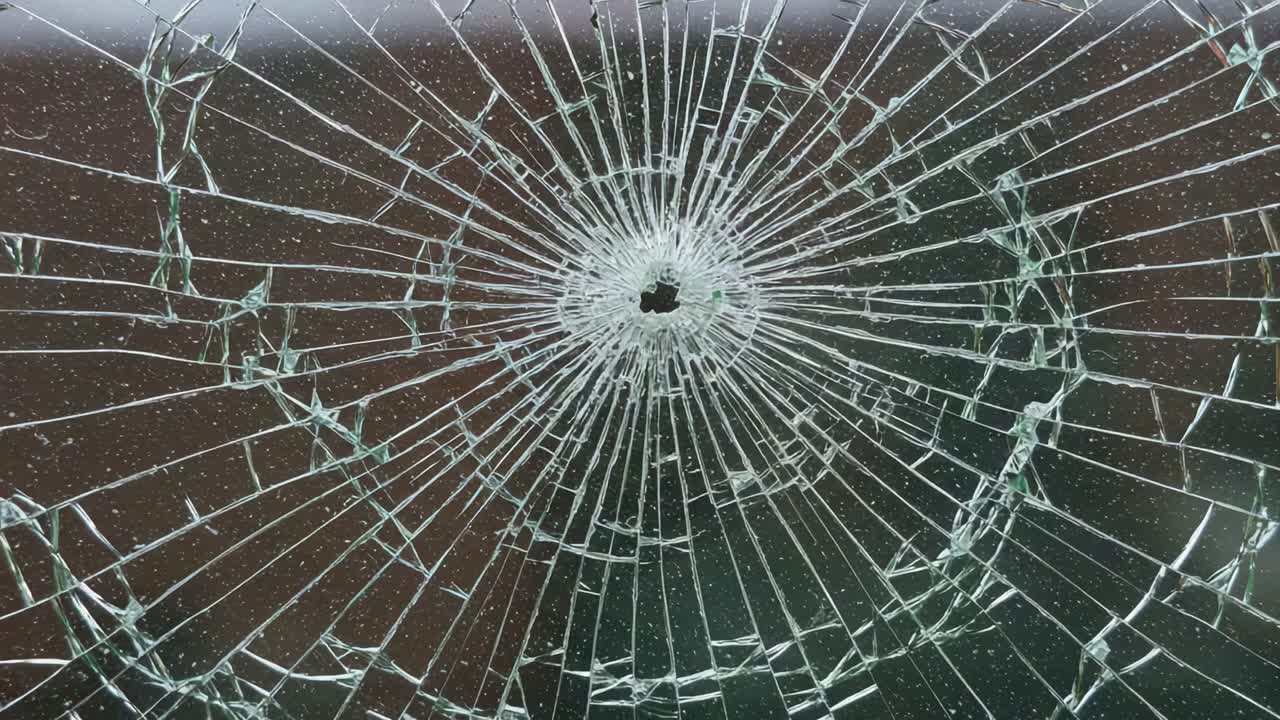 Stunning Close-Up of a Shattered Glass Surface Highlighting the Intricate Patterns and Radiating Cracks Formed Around a Central Impact Point