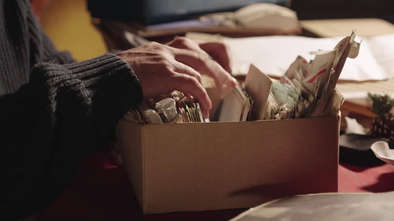 Person&rsquo;s hands rifling through a cardboard box of old letters and trinkets
