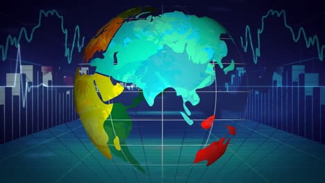 Heart-rate-monitor-over-spinning-globe-against-statistical-data-processing-on-blue-background