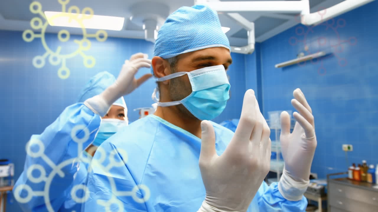 animación de células de covid 19 en movimiento sobre cirujanos con máscaras faciales