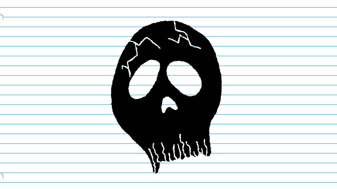 Skull drawing animation over lined notebook paper background