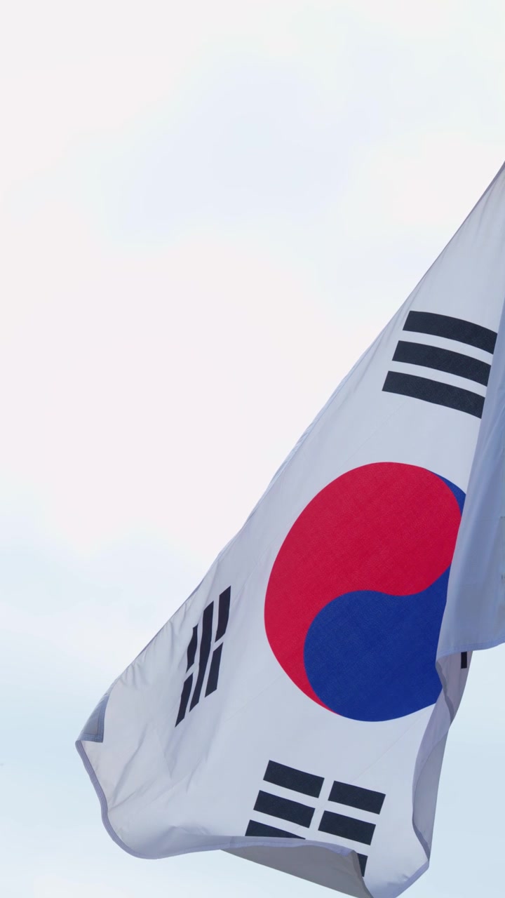 La bandiera nazionale della Corea del Sud sventola su un'asta in piena luce diurna, con vento leggero e cielo sereno.