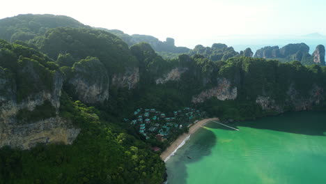 Aerial-establishing-shot-of-Tonsao-beach-in-Ao-Nang-with-luxury-resort-Buildings-at-sunny-day-in-Krabi-Thailand