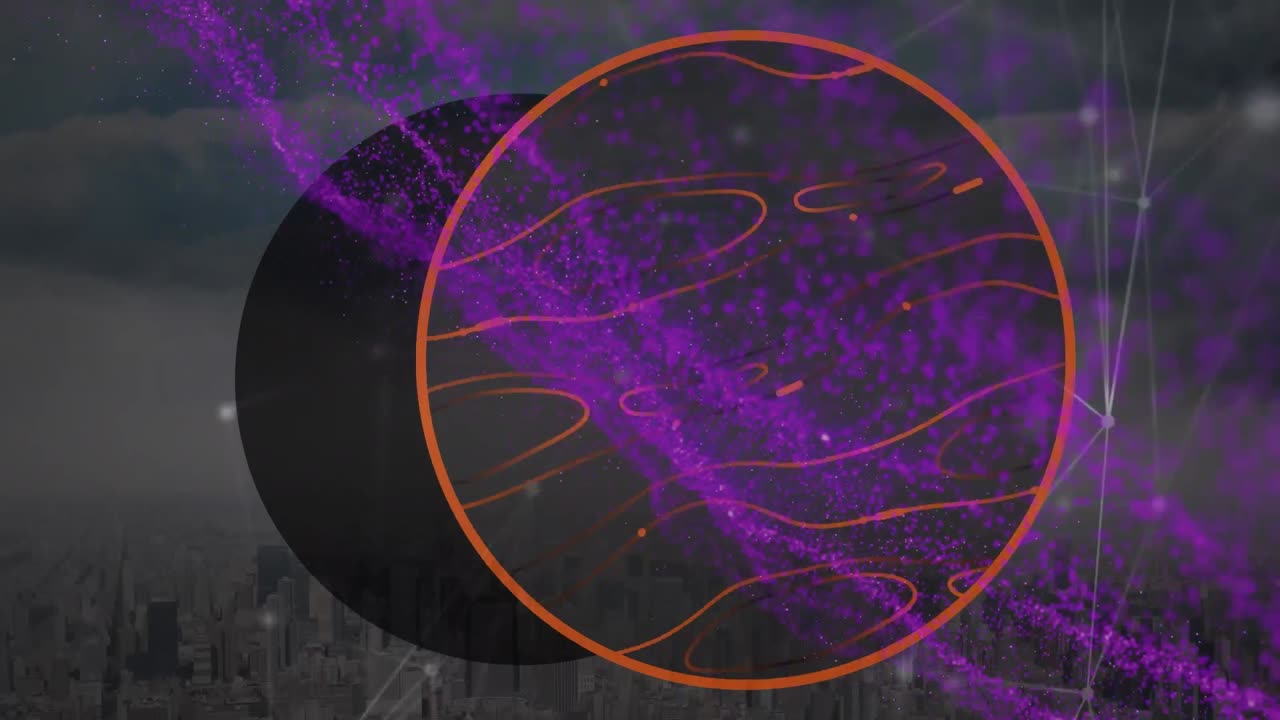 animación del círculo con ondas rojas sobre brillo, conexiones y paisaje urbano