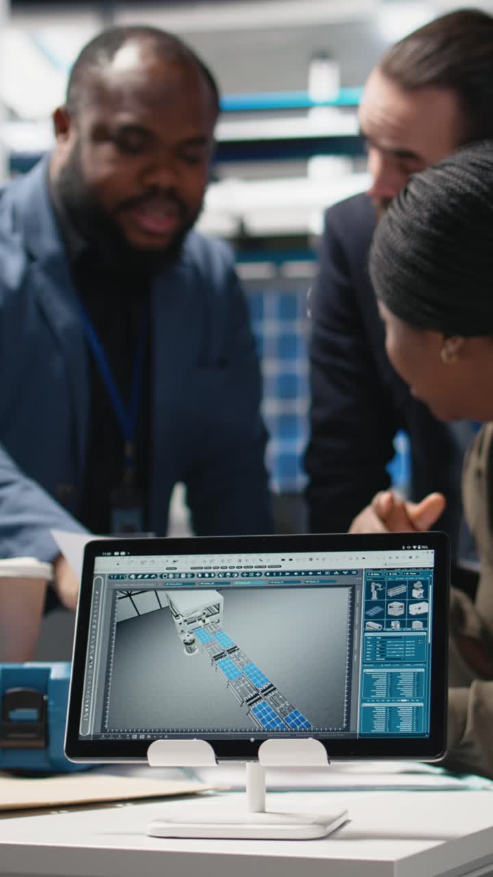 Vertical Video African american manufacturing experts gather in a solar power plant