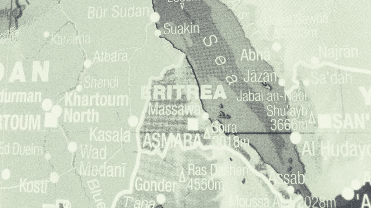 Close-up of a monochrome map showing the Red Sea region of Africa