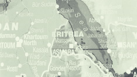 close-up of a monochrome map showing the red sea region of africa