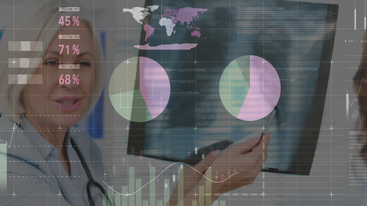 Analyzing data charts animation, medical professional discussing results with colleague