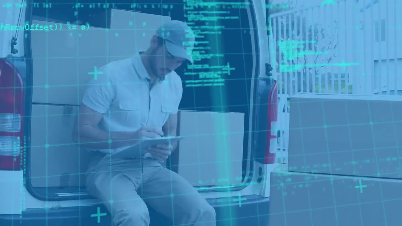 Databehandling over et grid-netværk med en kaukasisk leveringsmand, der skriver på en udklipsblok, siddende i en varevogn