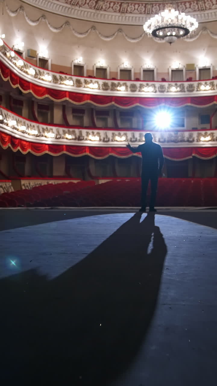 Middle age male entertainer, presenter or actor on stage. Public speaker gives performance. Man in theater. Vertical video