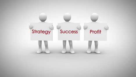 white characters showing signs saying strategy success profit