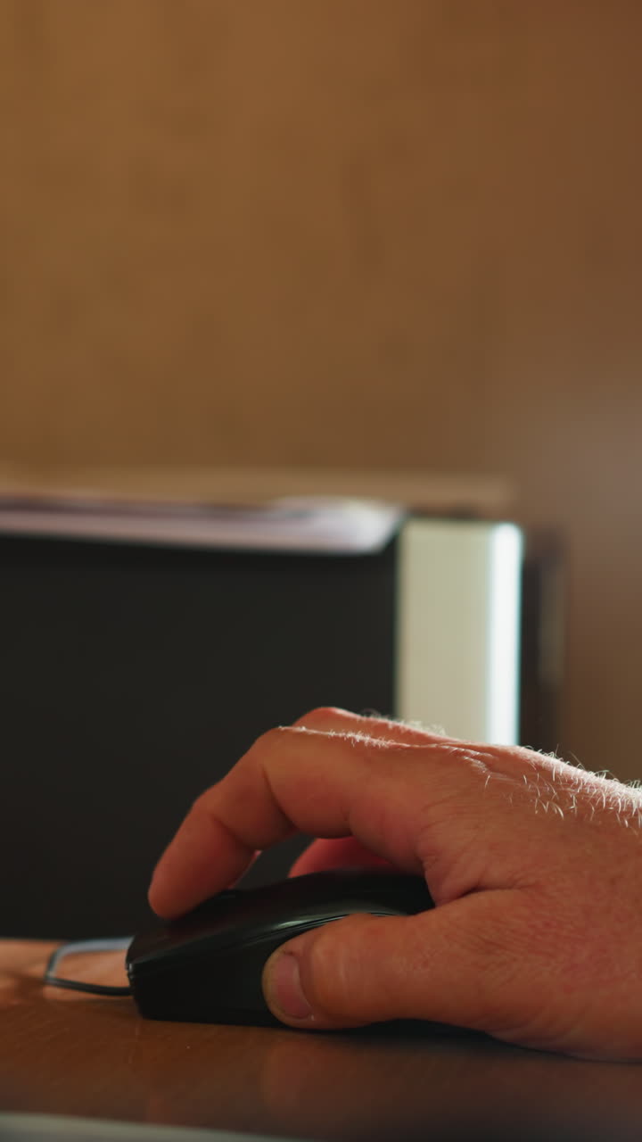 Office worker uses mouse working on computer at desk closeup. Employee inputs data with peripheral device at workplace slow motion. Manager with PC