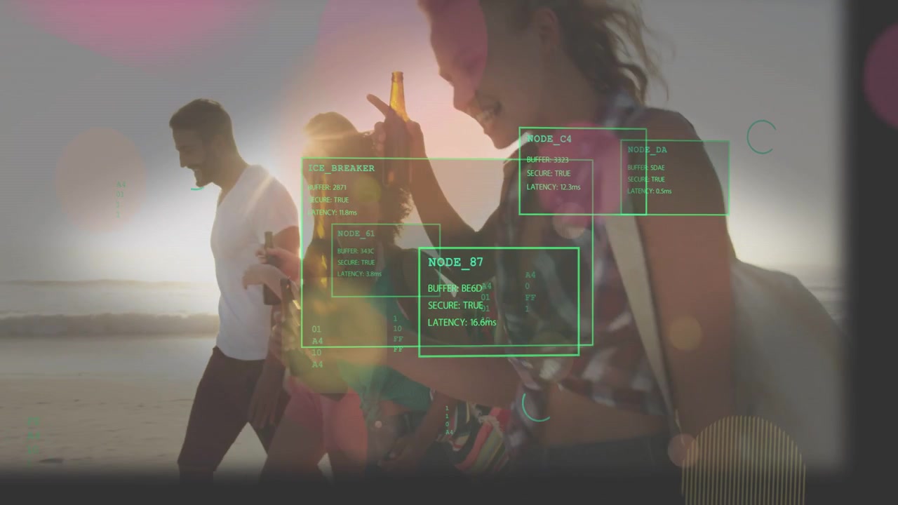 Lead woman walking friends on shore, camera panning making tech HUD boxes tracking, sipping drinks
