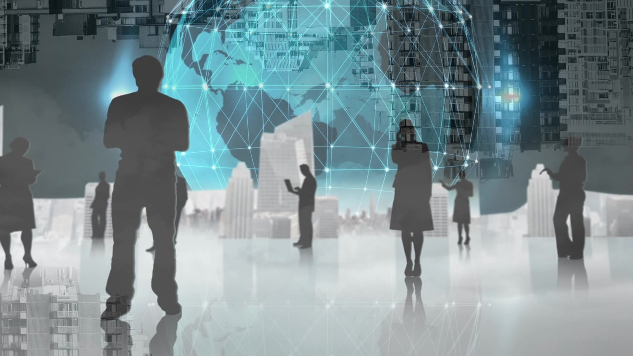 Animation of multiracial business people, 3d urban city, globe on digital interface