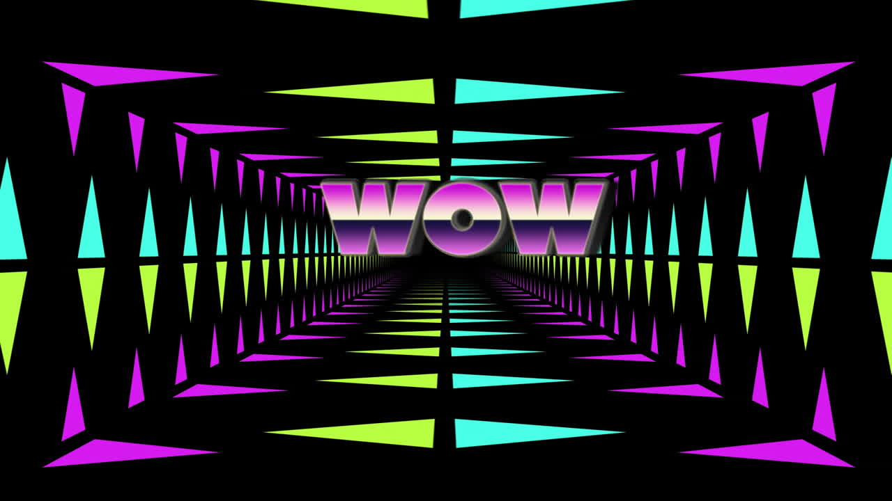 Animazione del testo "wow" e di un motivo al neon su sfondo nero.
