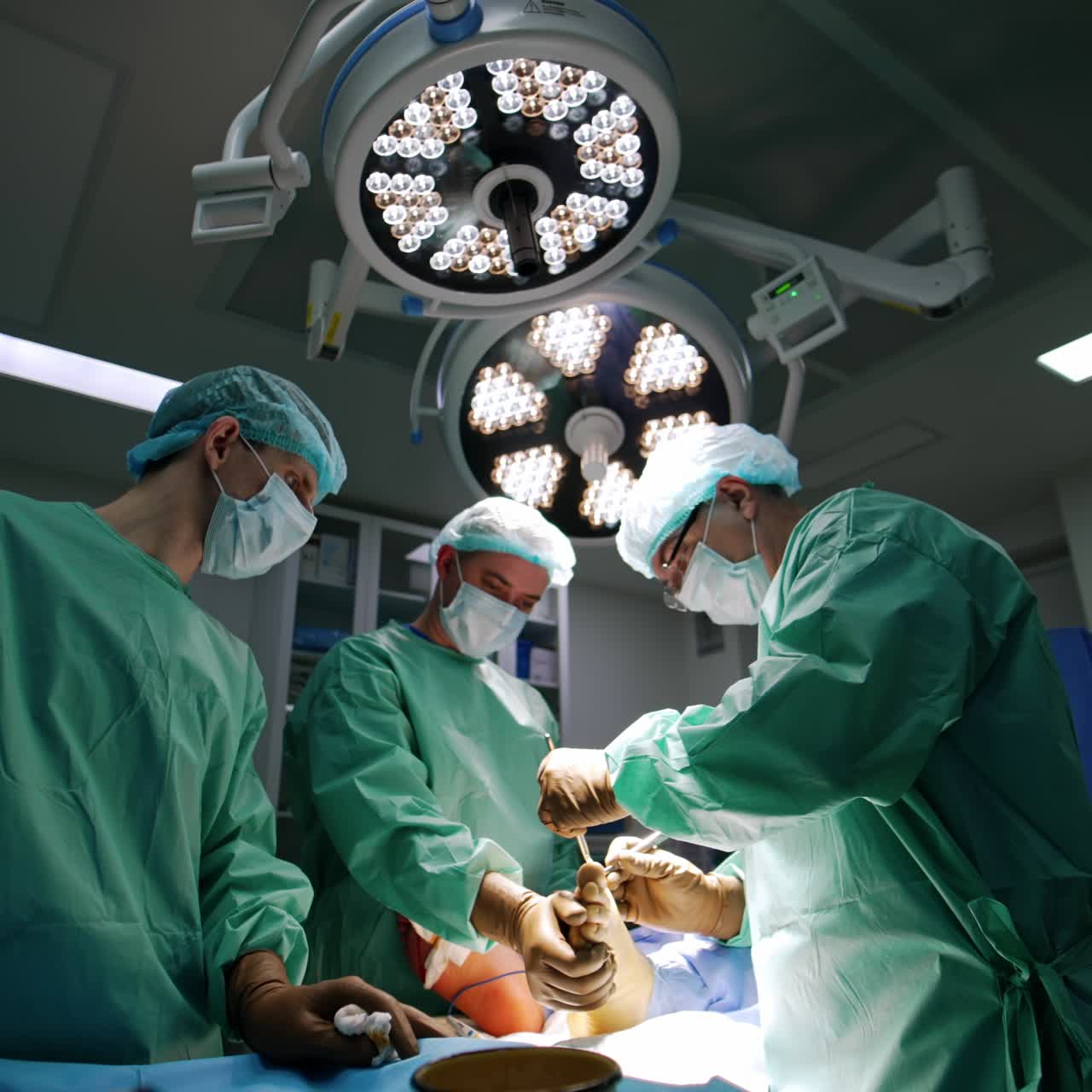 Operazione al piede in una sala operatoria moderna. Due chirurghi e un assistente lavorano all'intervento sotto le luci intense.