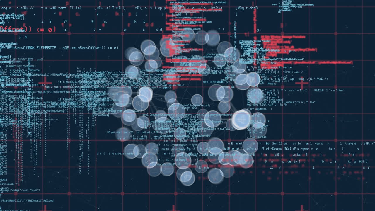 Digital animation of globe of digital icons and data processing against blue background