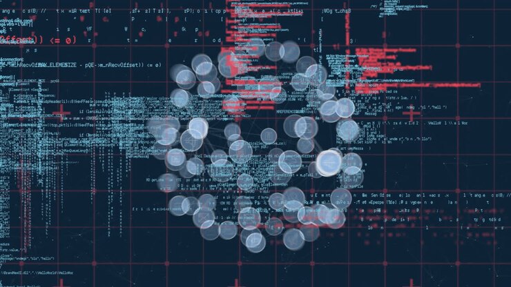 Digital animation of globe of digital icons and data processing against blue background