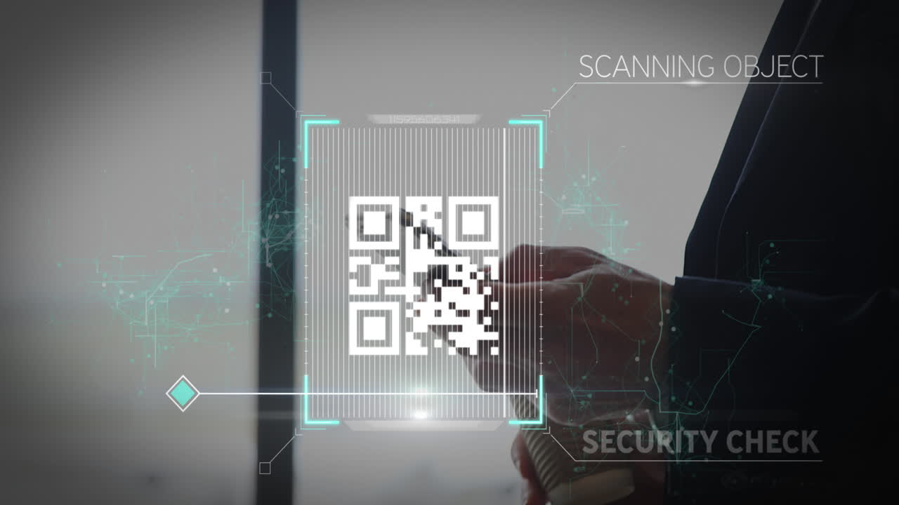 Animation of white QR code scanning with blue web of connection over man
