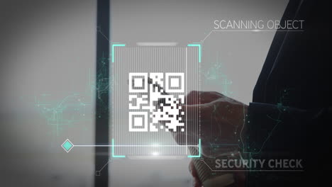 animation of white qr code scanning with blue web of connection over man