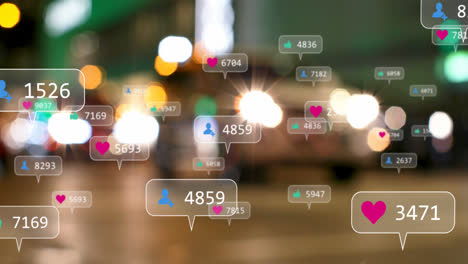 animation of social media icons against blurred view of people walking on the street at night