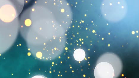 Animation-of-white-spots-of-light-and-yellow-particles-rainbow-against-blue-background