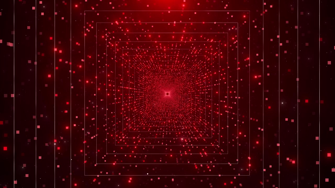 Red square tunnel background glowing frames pixel particles and deep digital perspective for cyber