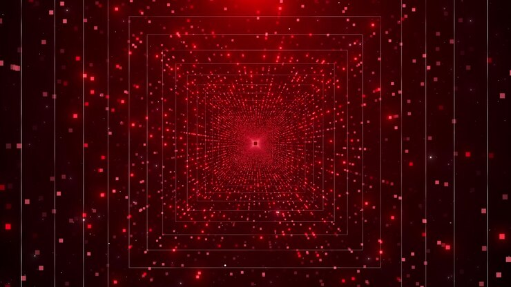 Red square tunnel background glowing frames pixel particles and deep digital perspective for cyber