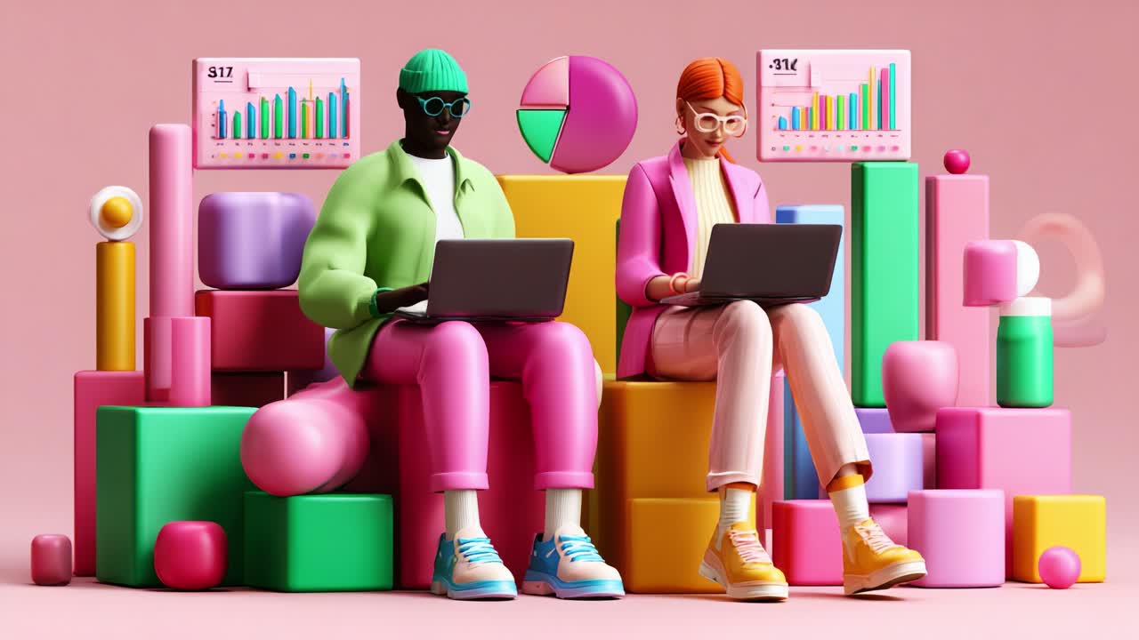 A vibrant and dynamic representation of two stylized characters engaged in productive work on laptops, surrounded by colorful geometric shapes and data visuals, highlighting modern collaboration