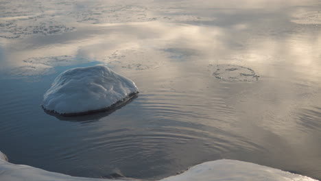 frozen rocks in lake water in finland during winter with sky reflections in water