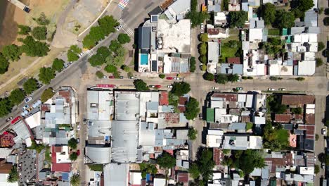 top down drone shot flying over gualeguaychú, entre ríos, argentina on a sunny day