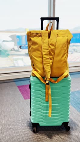 close-up of teal suitcase and yellow backpack in airport lounge