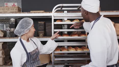 diverse bakers working in bakery kitchen, counting rolls with tablet in slow motion