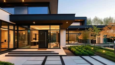 a modern house with a walkway leading to the front door