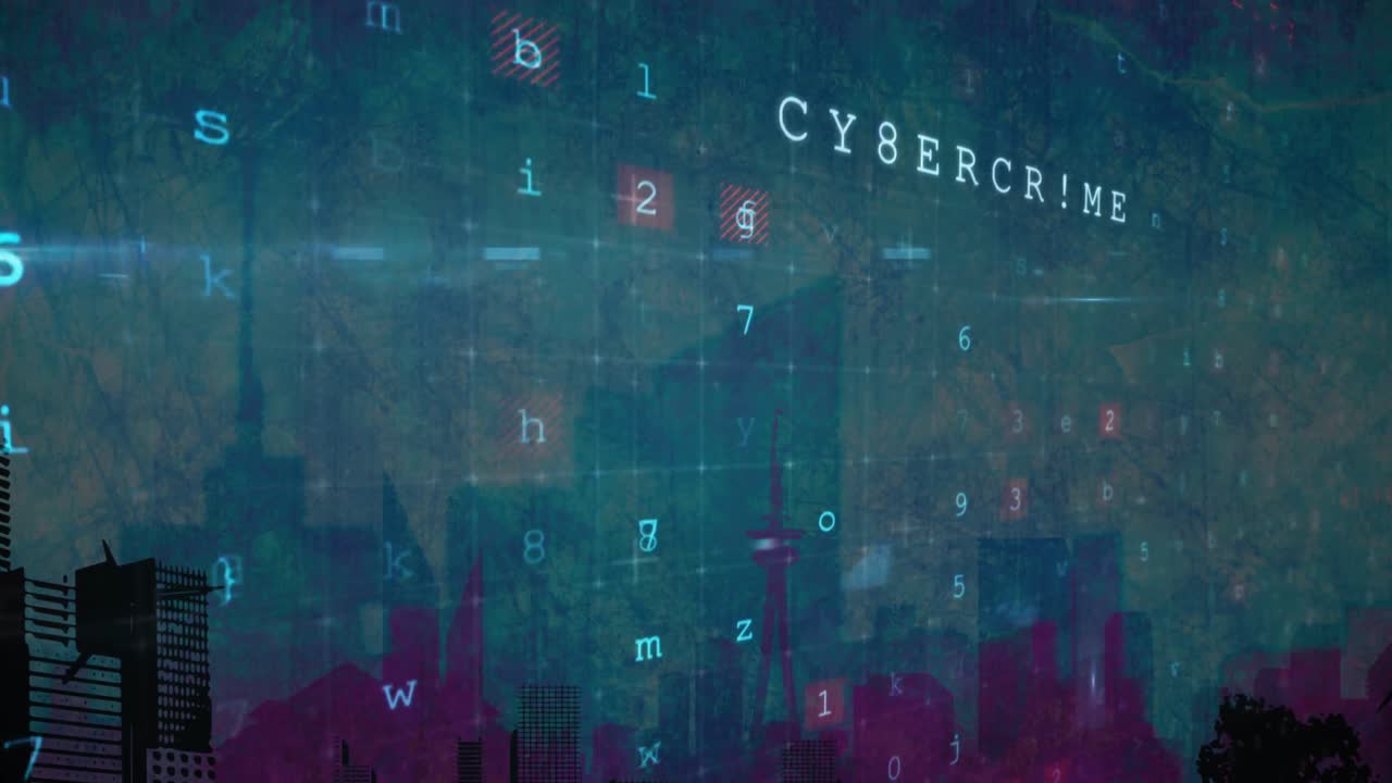 Animation of cyber attack warning data processing over cityscape background