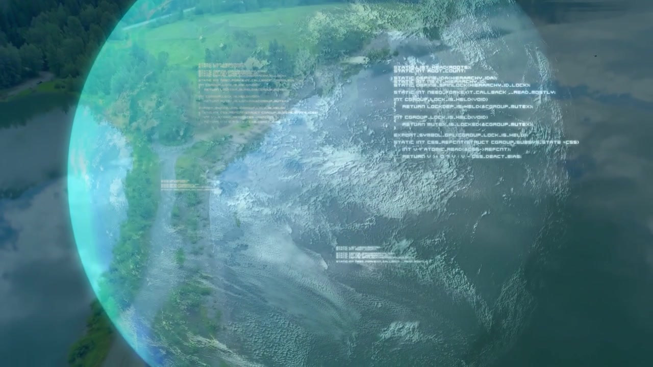 Timeline advancing, holo globe rotating and revealing shore, HUD text fading and sliding for maps