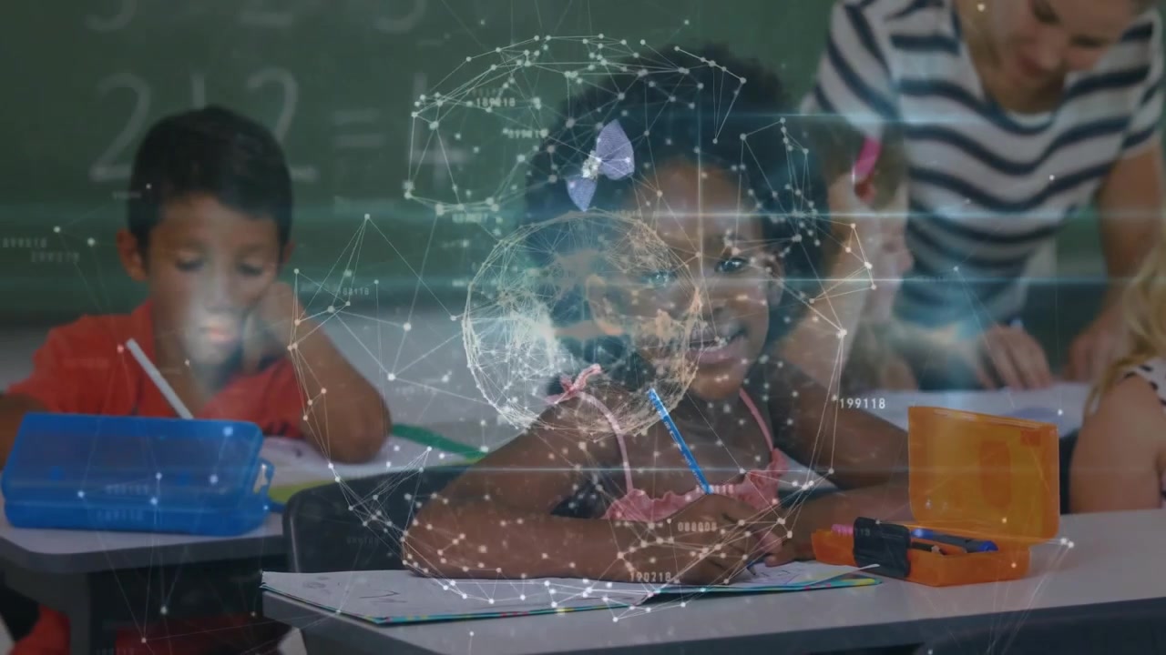 Girl writing in classroom while network globe overlay fading into view and teacher guiding learning
