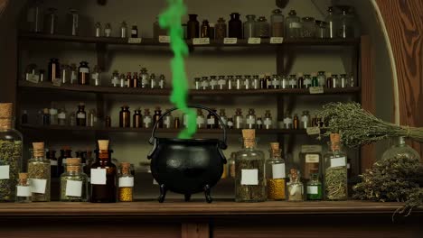 black cauldron emitting green smoke in an alchemist's workshop, surrounded by jars full of ingredients and herbs
