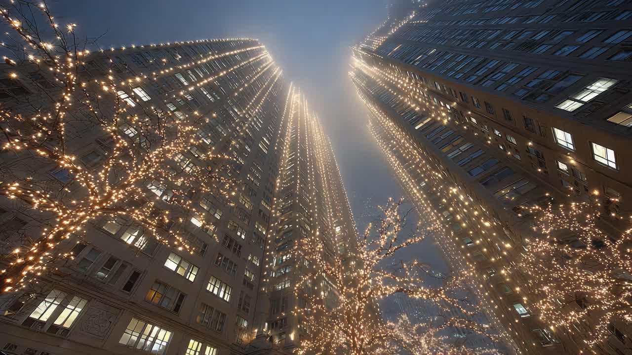A Magical Evening in a Metropolis: Tall Buildings Adorned with Twinkling Lights Create a Dreamy Atmosphere on a Foggy Night in the City