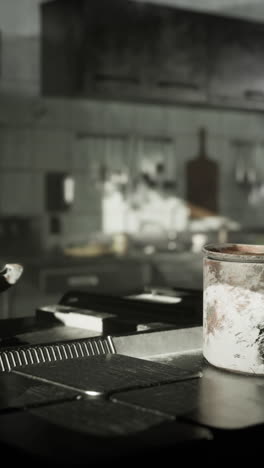 closeup of a rusty can on a dirty kitchen counter