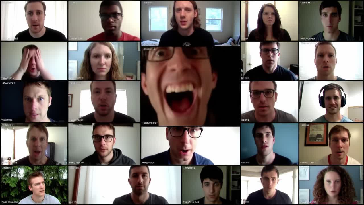 Participants on a video call display a range of emotions from surprise to laughter. Each person interacts from their own living space, sharing a unique experience together online.