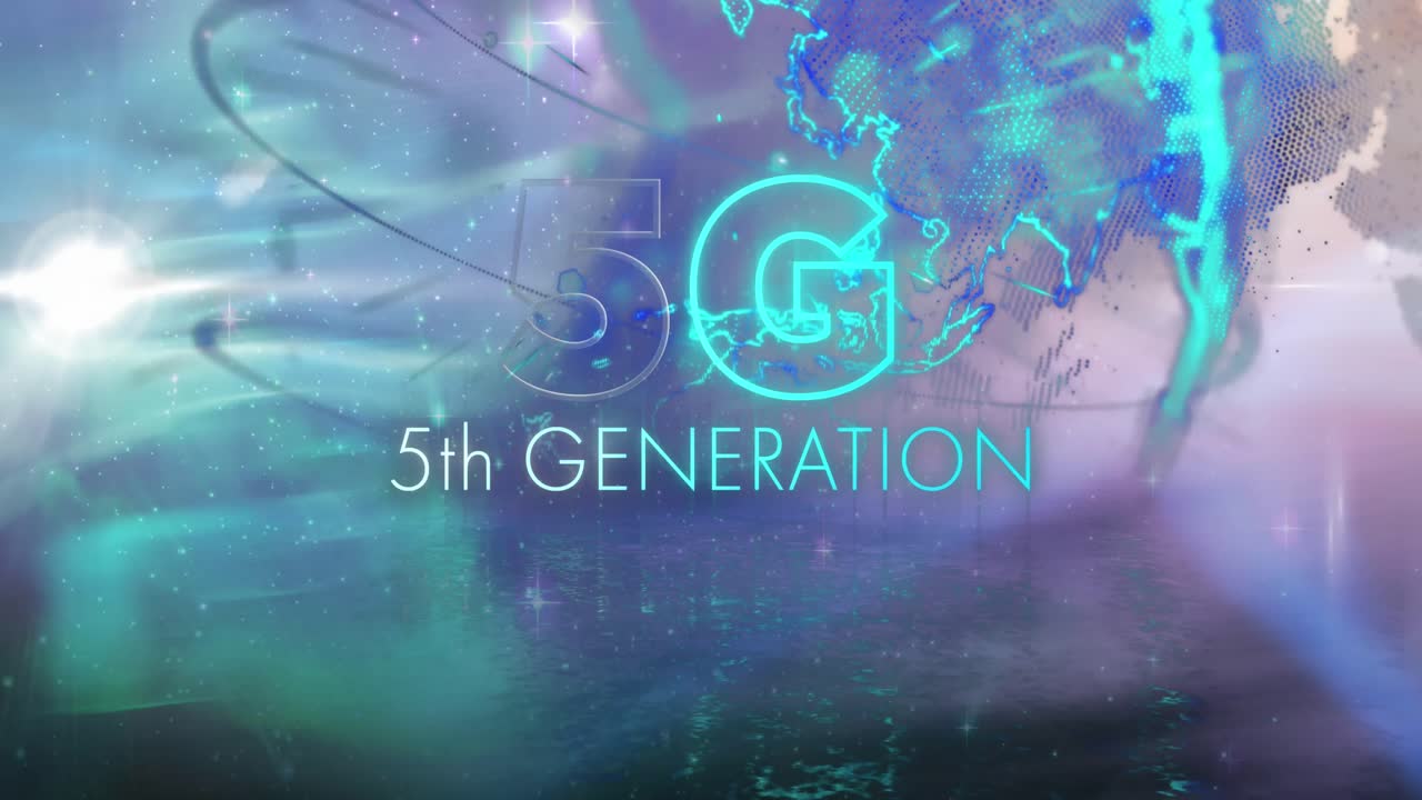 Animation of 5g 5th generation text in blue neon letters over spinning globe in universe