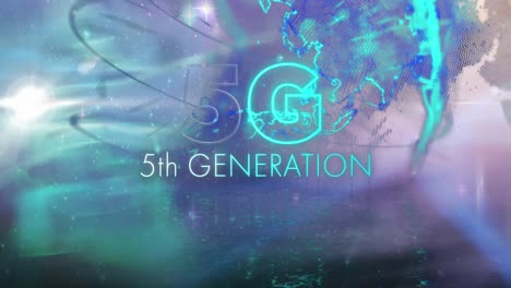 animation of 5g 5th generation text in blue neon letters over spinning globe in universe