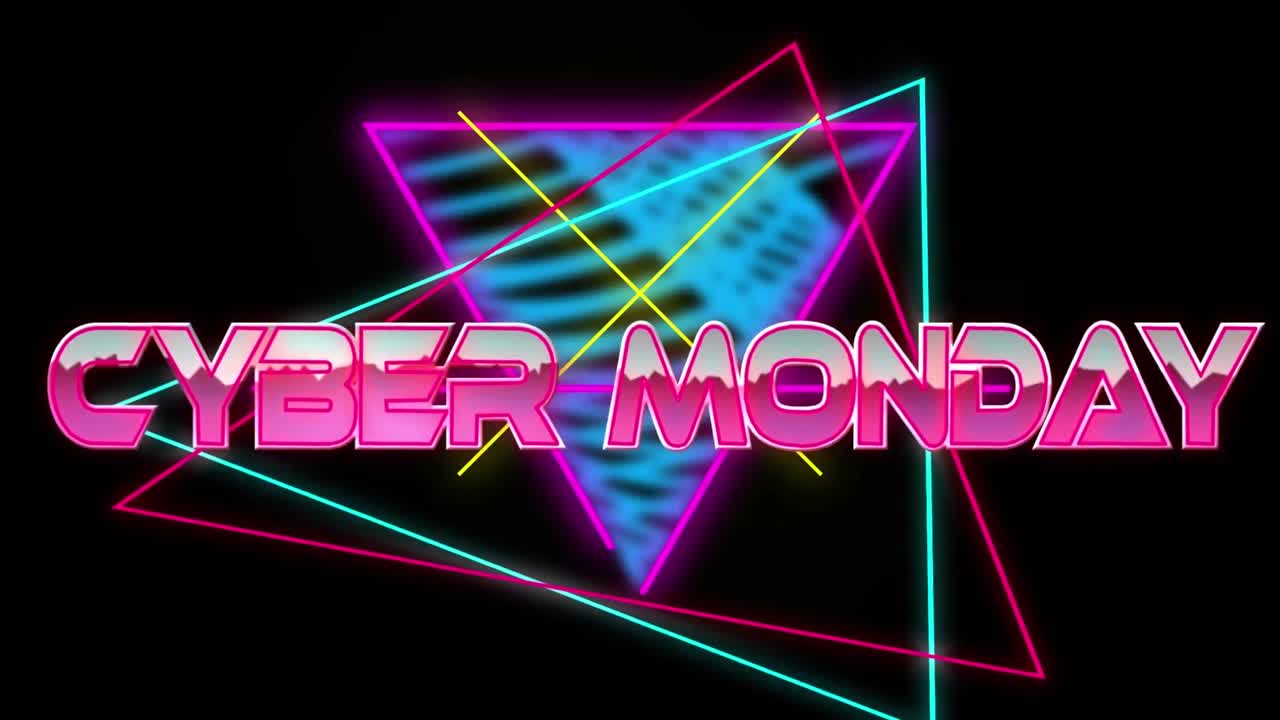 검은색의 네온 선 위에 분홍색 금속 문자로 사이버 월요일 텍스트의 애니메이션